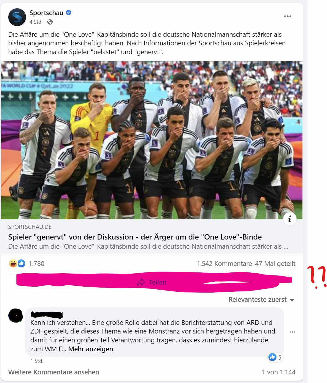 Screenshot Sportschau auf FB ohne Kommentarmöglickeit