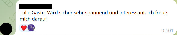 Tolle Gäste. Wird sicher sehr spannend und interessant. Ich freue mich darauf