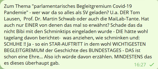 Zum Thema 'parlamentarisches Begleitgremium Covid-19 Pandemie' - wer war da so alles als SV geladen? U.a. DER Tom Lausen, Prof. Dr. Martin Schwab oder auch die MaiLab-Tante. Hat auch nur EINER von denen das mal so erwähnt? Schade das da nicht Bibi mit den Schminktips eingeladen wurde - DIE hätte wohl tagelang davon berichtet- was anziehen, wie schmniken und: SCHUHE !! Ja - so ein STAR-AUFTRITT in dem wohl WICHTIGESTEN BEGLEITGREMIUM der Geschicht des BUNDESTAGES - DAS ist schon eine Ehre... Also ich würde davon erzählen. MINDESTENS das es dieses überhaupt gab.