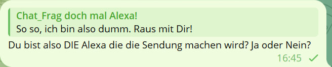 Chat?Frag doch mal Alexa!
So so, ich bin also dumm. Raus mit Dir!
Du bist also DIE Alexa die die Sendung machen wird? Ja oder Nein?